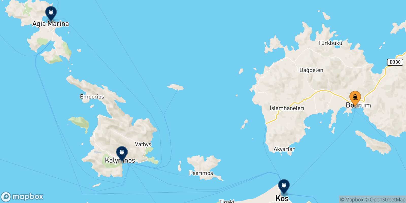 Map of the destinations reachable from Turgutreis