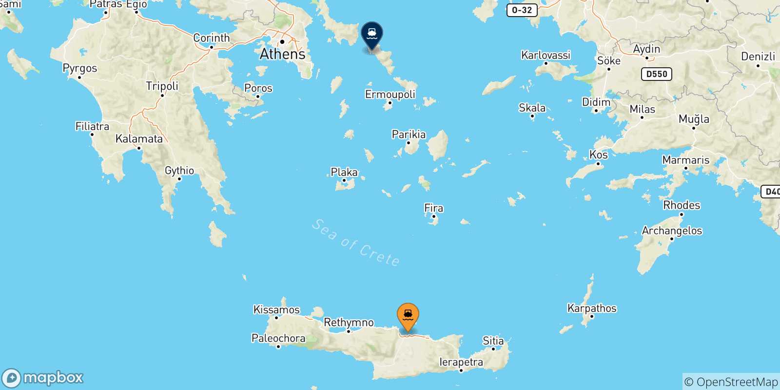 Map of the possible routes between Crete and Andros