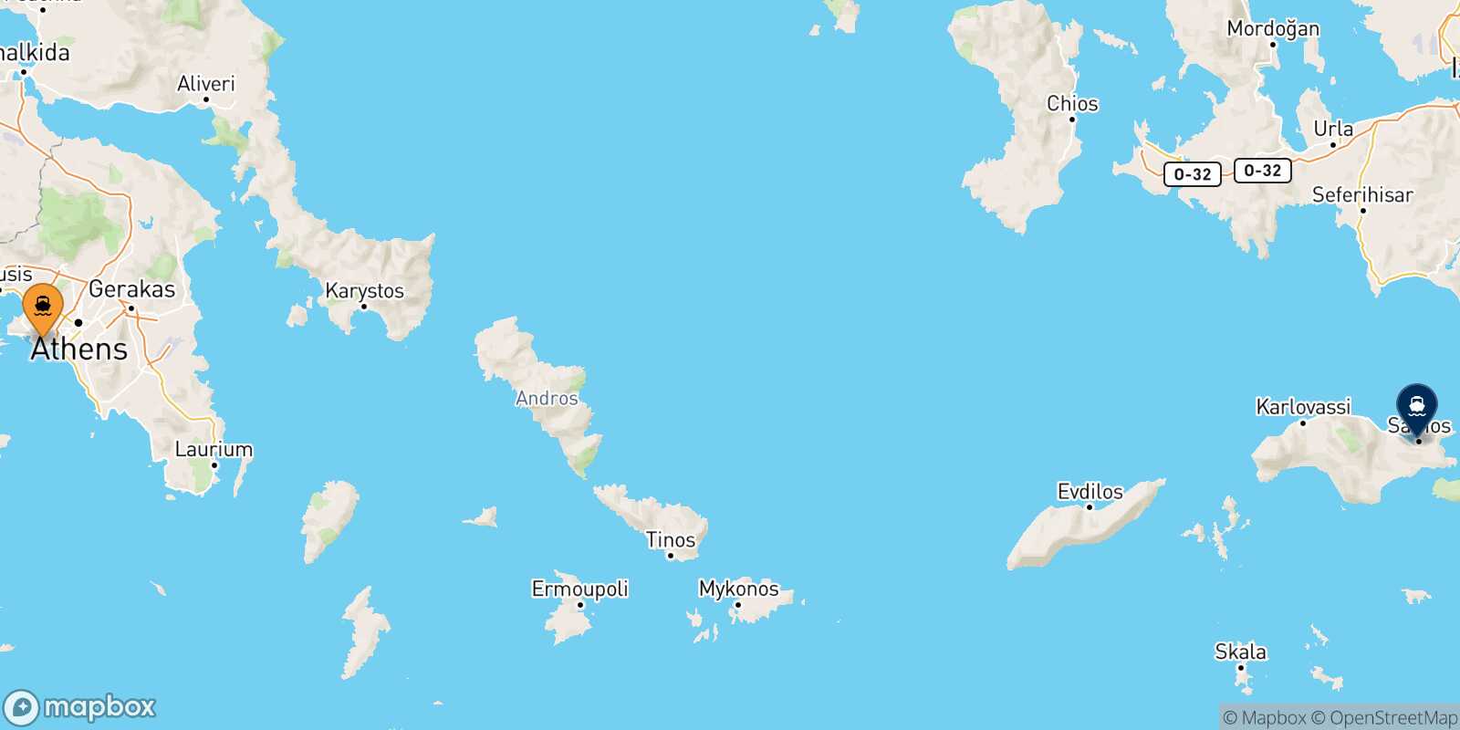 Piraeus Vathi (Samos) route map