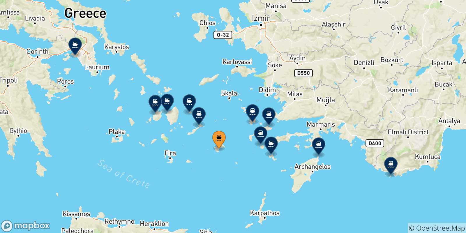 Map of the possible routes between Astypalea and Greece
