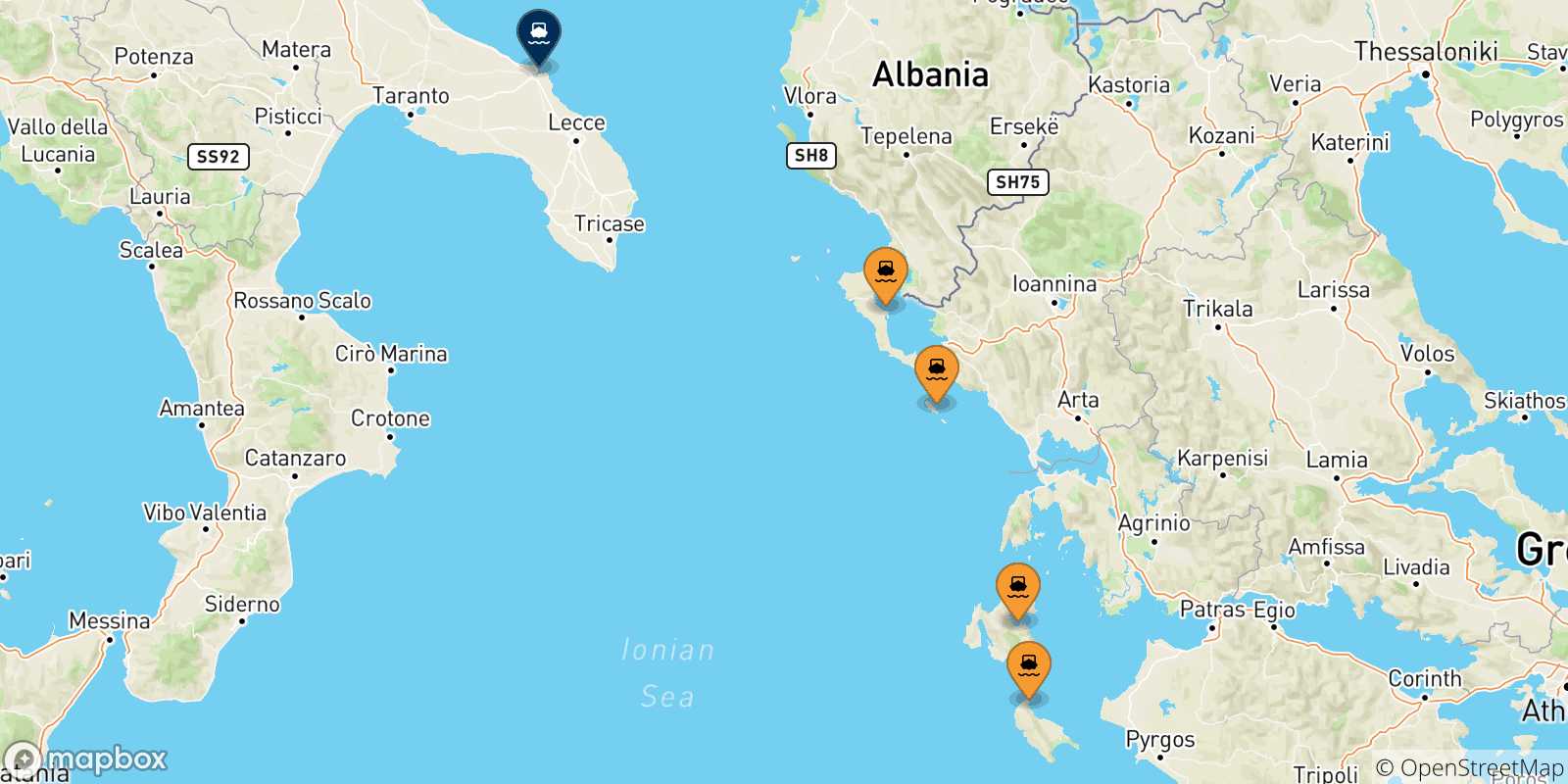 Map of the possible routes between Ionian Islands and Brindisi