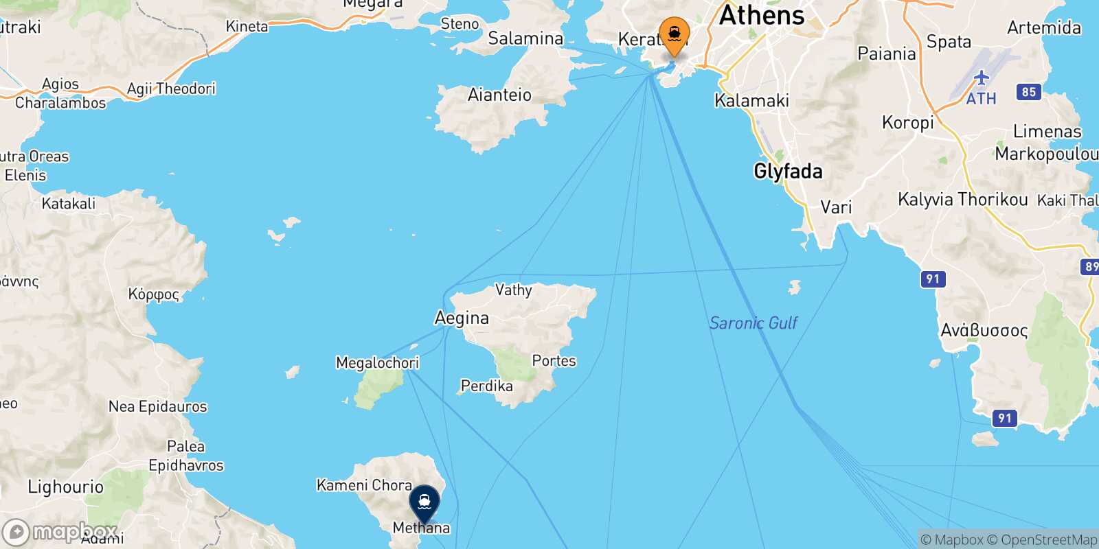 Piraeus Methana route map