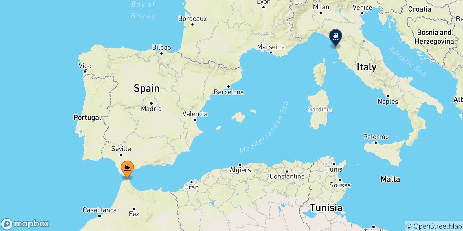 Map of the possible routes between Morocco and Livorno