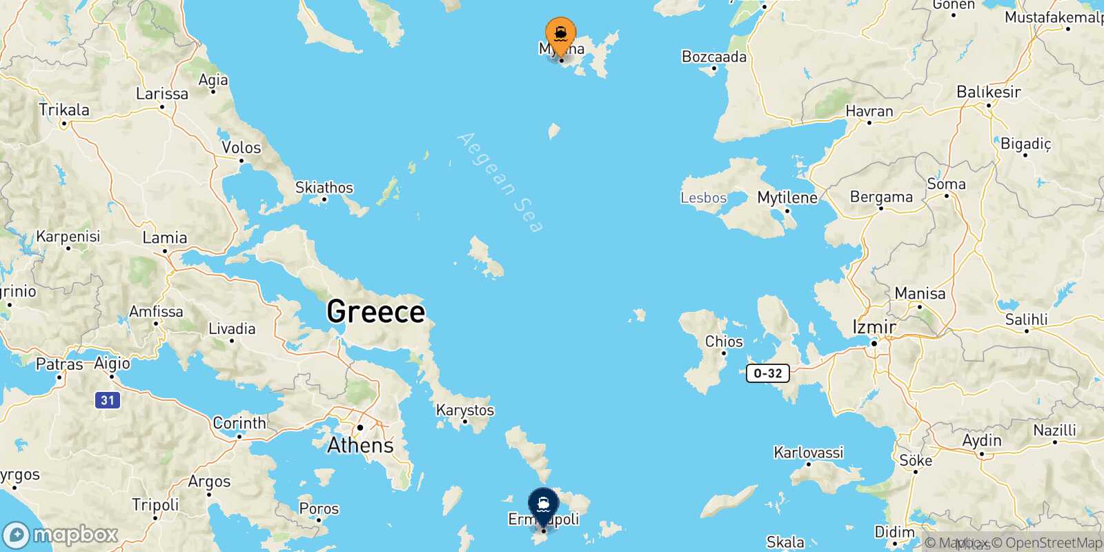 Myrina (Limnos) Syros route map