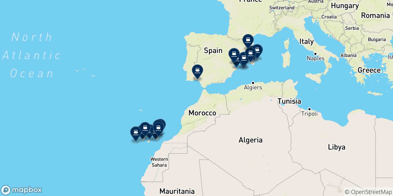 Map of the possible routes between Spain and Spain