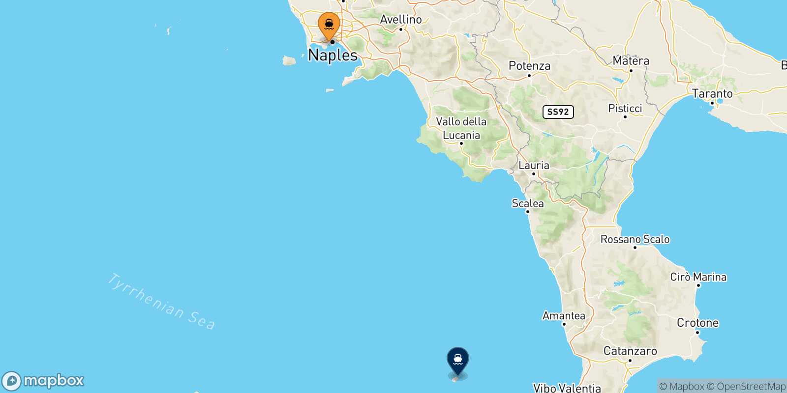 Naples Mergellina Stromboli route map