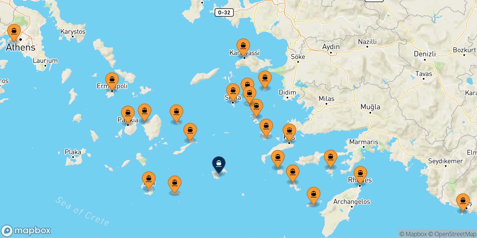 Map of the ports connected with  Astypalea