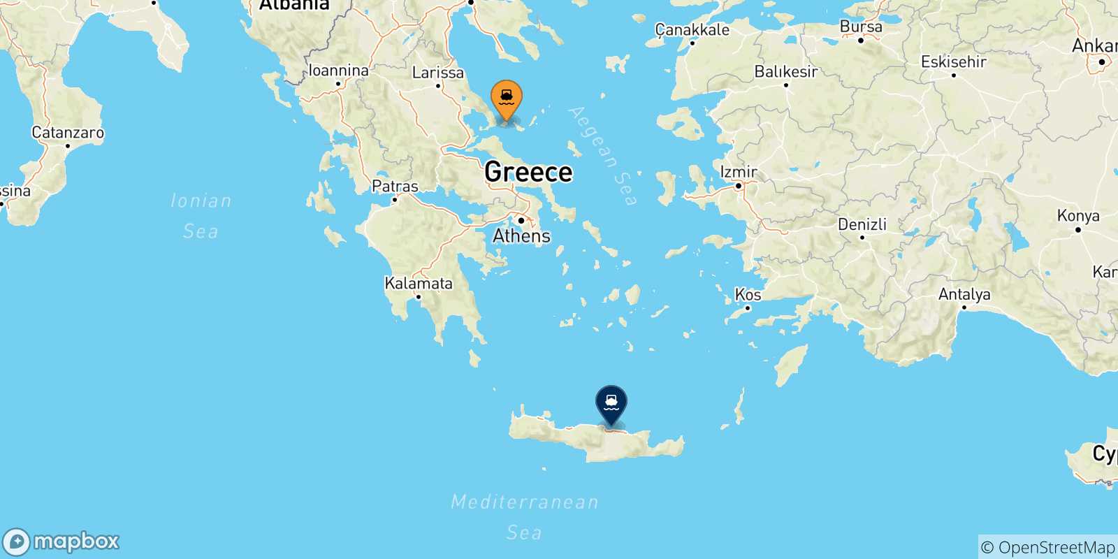 Map of the possible routes between Sporades Islands and Crete
