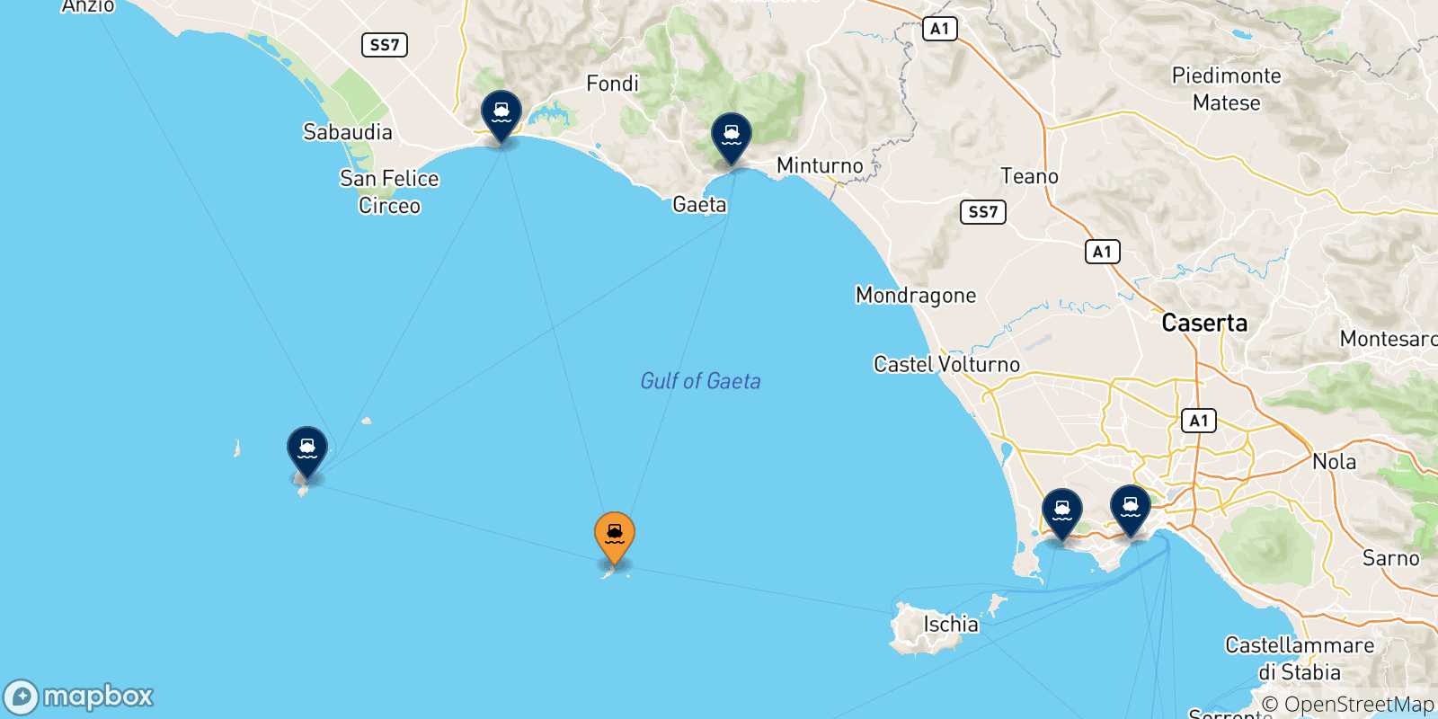 Map of the possible routes between Ventotene and Italy