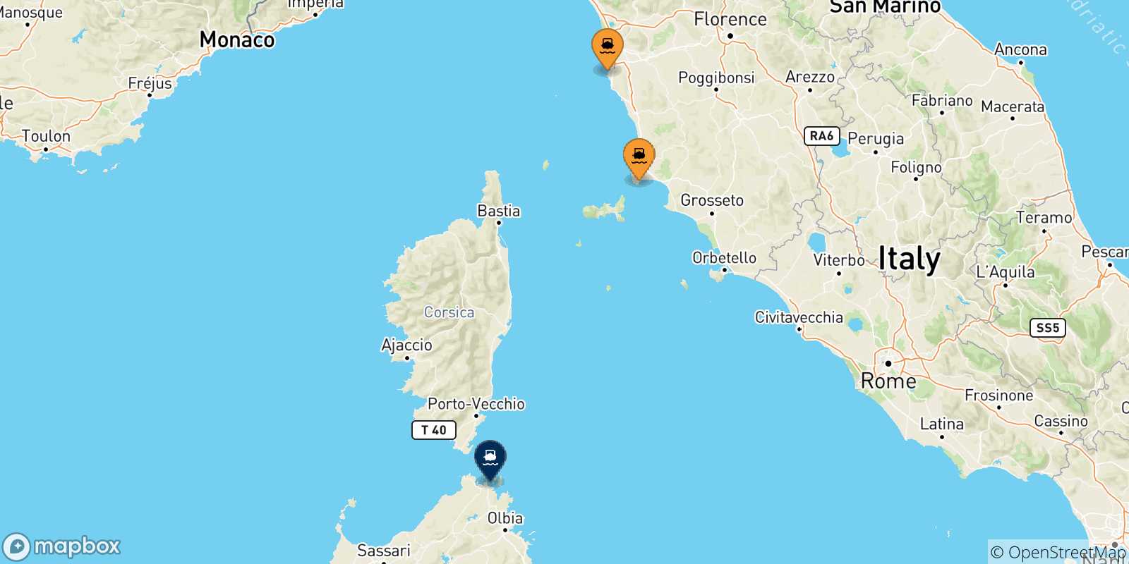 Map of the possible routes between Italy and Golfo Aranci
