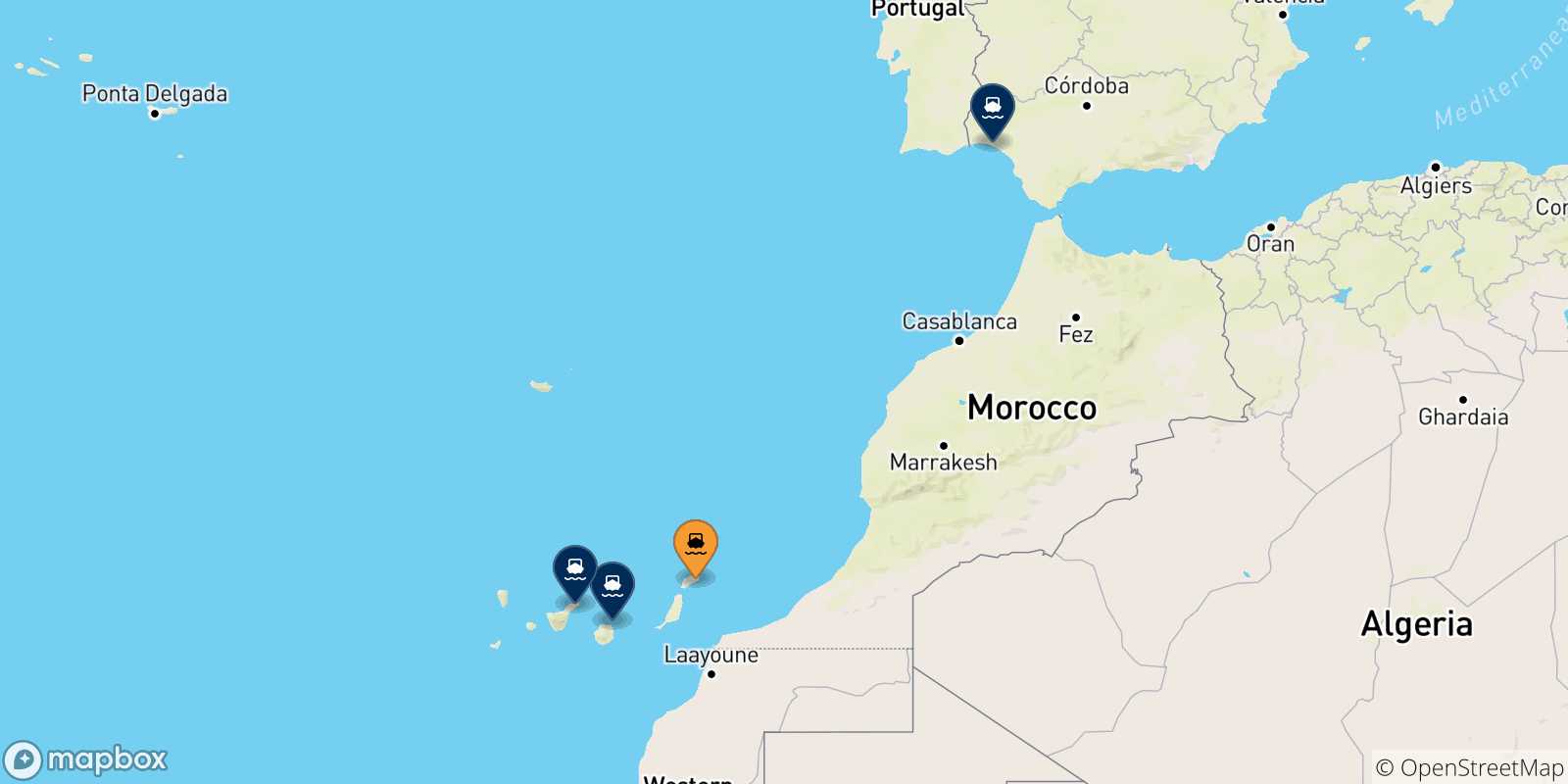 Map of the possible routes between Arrecife (Lanzarote) and Spain