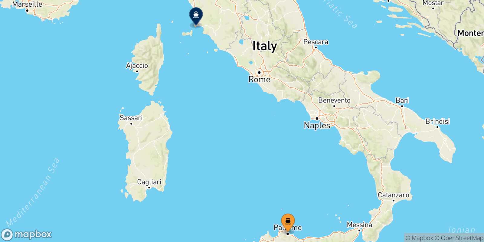 Map of the ports connected with  Piombino