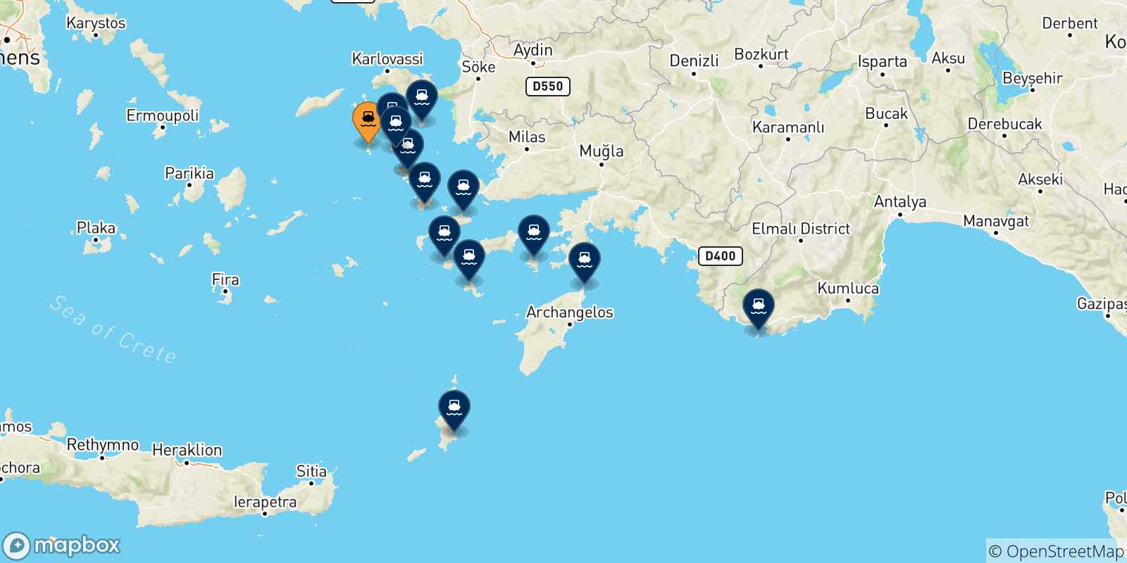 Map of the possible routes between Patmos and Dodecanese Islands