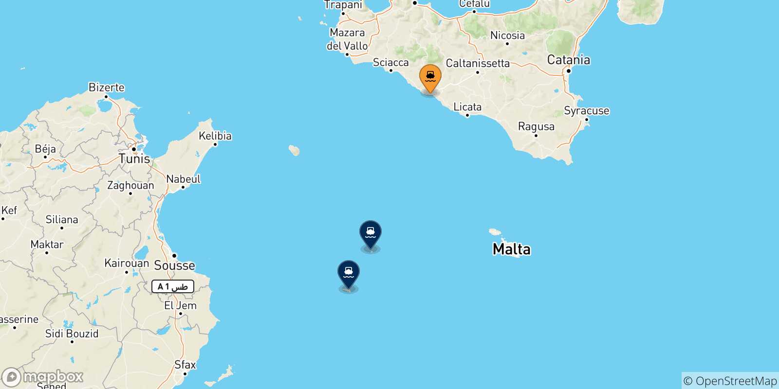 Map of the possible routes between Sicily and Pelagie Islands