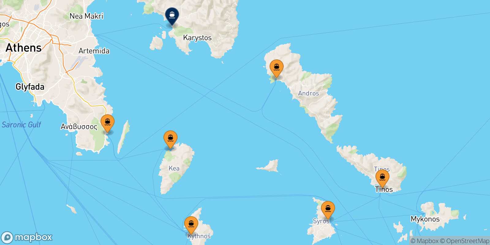 Map of the ports connected with  Marmari