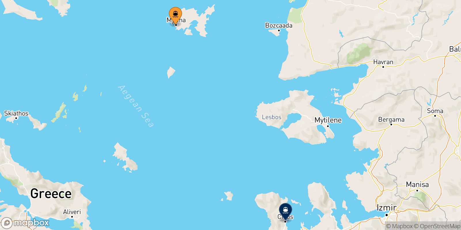 Myrina (Limnos) Mesta Chios route map