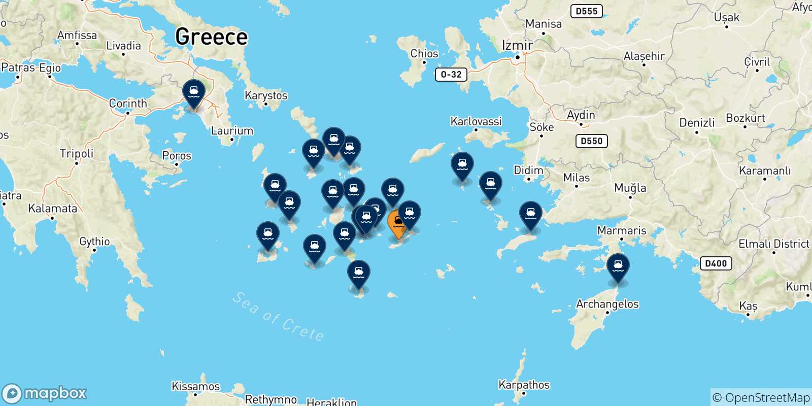 Map of the possible routes between Katapola (Amorgos) and Greece