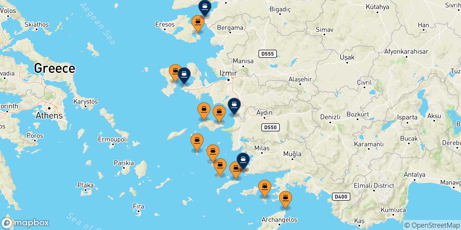Map of the possible routes between Greece and Turkey