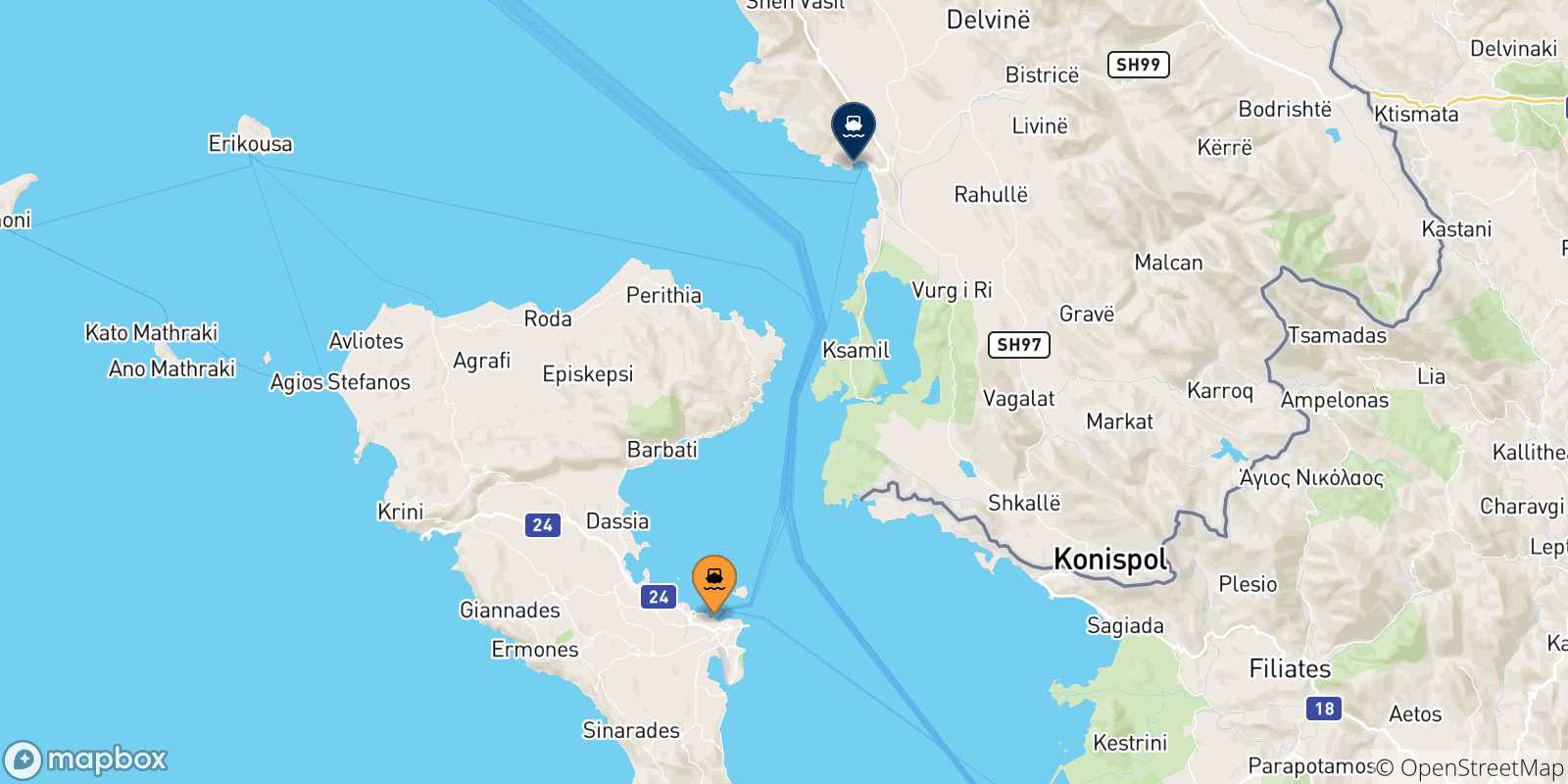 Map of the possible routes between Ionian Islands and Albania