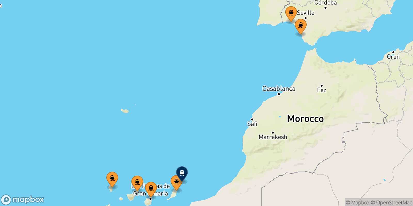 Map of the ports connected with  Arrecife (Lanzarote)