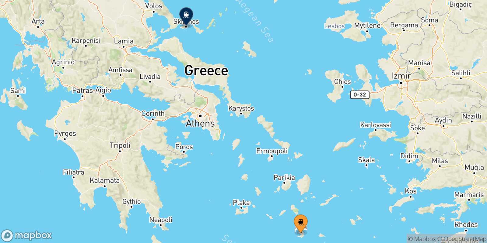 Thira (Santorini) Skiathos route map