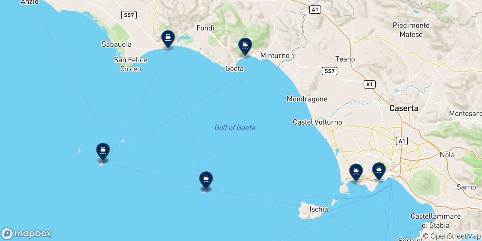 Map of the destinations reachable from the Pontine Islands