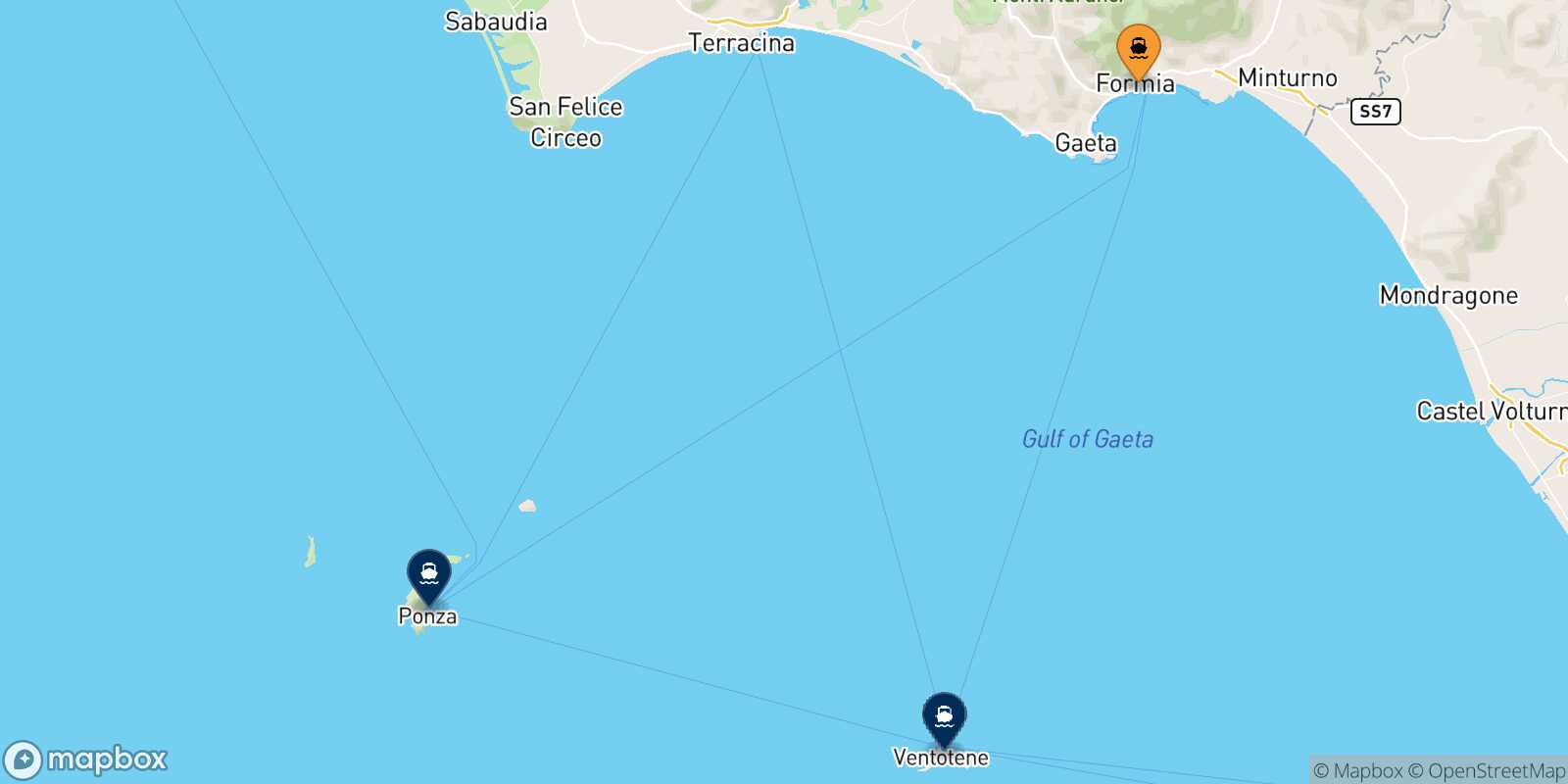 Map of the destinations reachable from Formia
