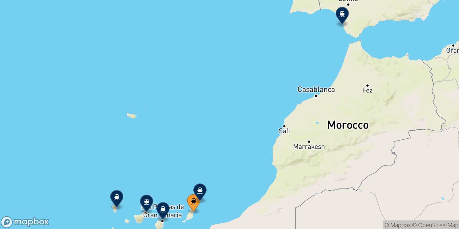 Map of the destinations reachable from Puerto Del Rosario (Fuerteventura)