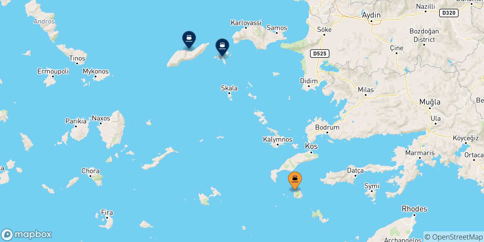 Map of the possible routes between Nisyros and Aegean Islands