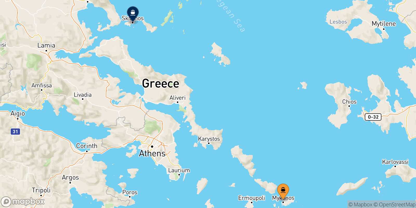 Mykonos Skiathos route map