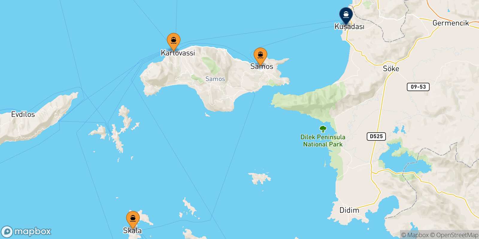 Map of the ports connected with  Kusadasi