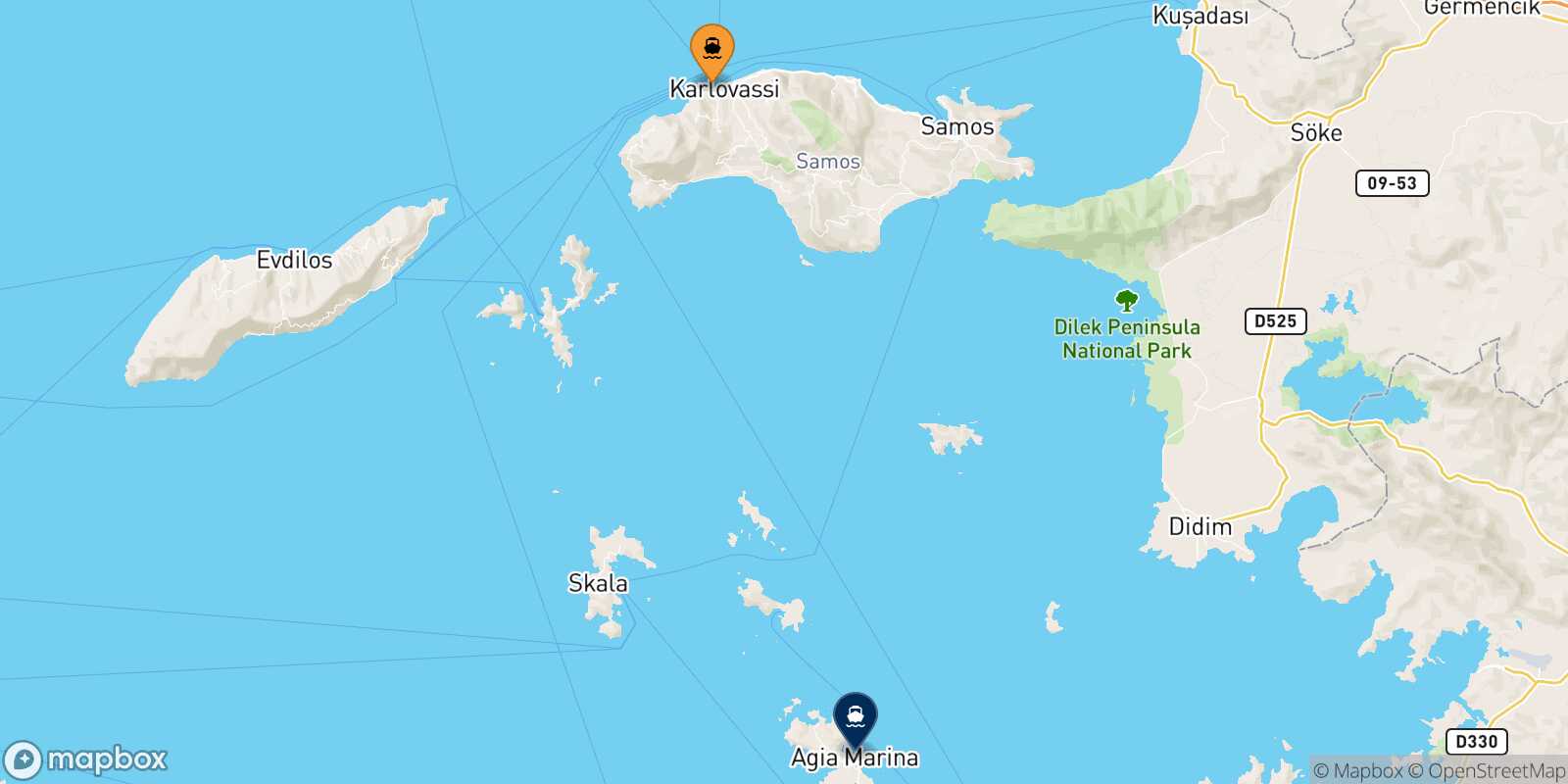 Pythagorio (Samos) Agia Marina (Leros) route map
