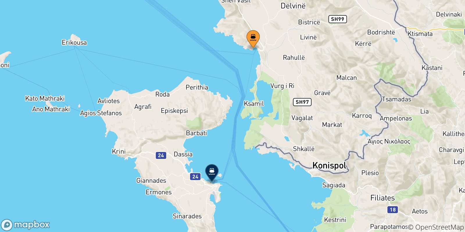 Map of the possible routes between Albania and Ionian Islands