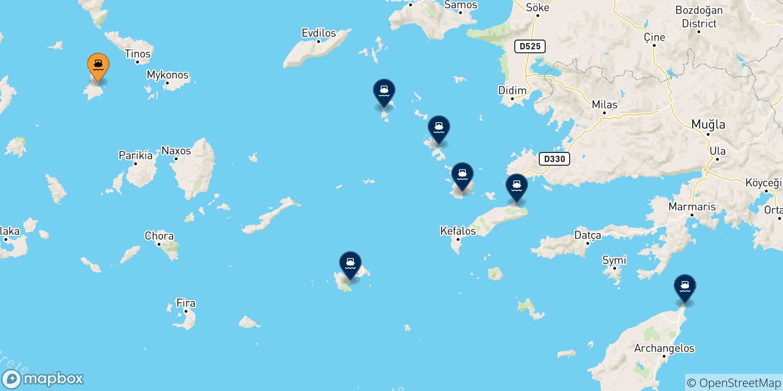 Map of the possible routes between Syros and Dodecanese Islands