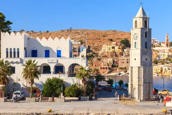 Clock tower by the port on the island of Symi, in the Dodecanese.