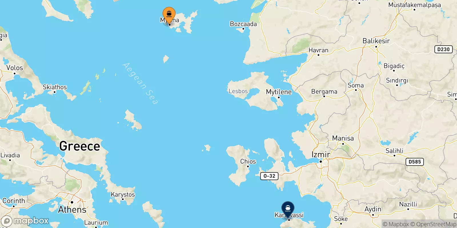 Ferries from Myrina (Limnos) to Karlovassi (Samos)